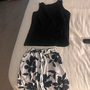 SHEIN Black Top and Floral White Pants Set